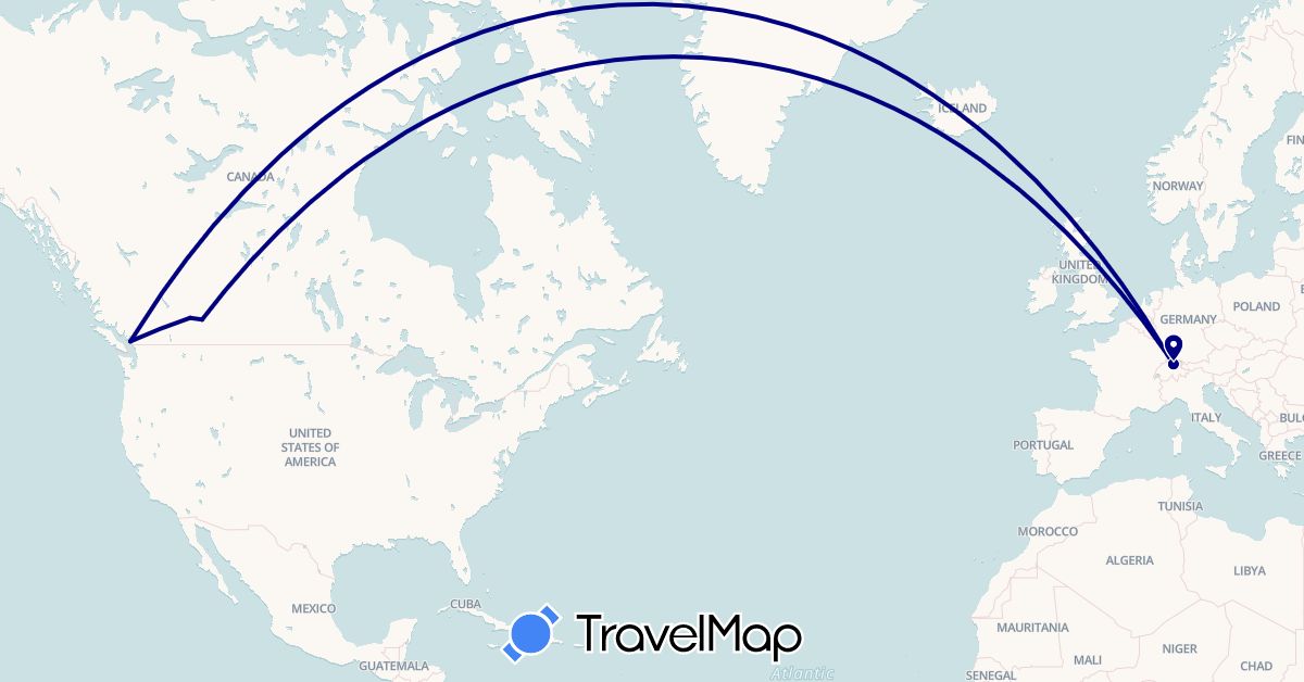 TravelMap itinerary: driving, plane in Canada, Switzerland (Europe, North America)